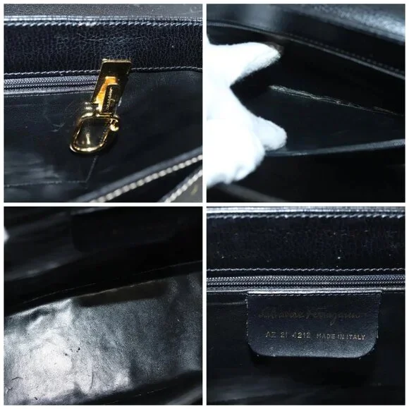 Salvatore Ferragamo Hand Bag Leather Black Gold Auth